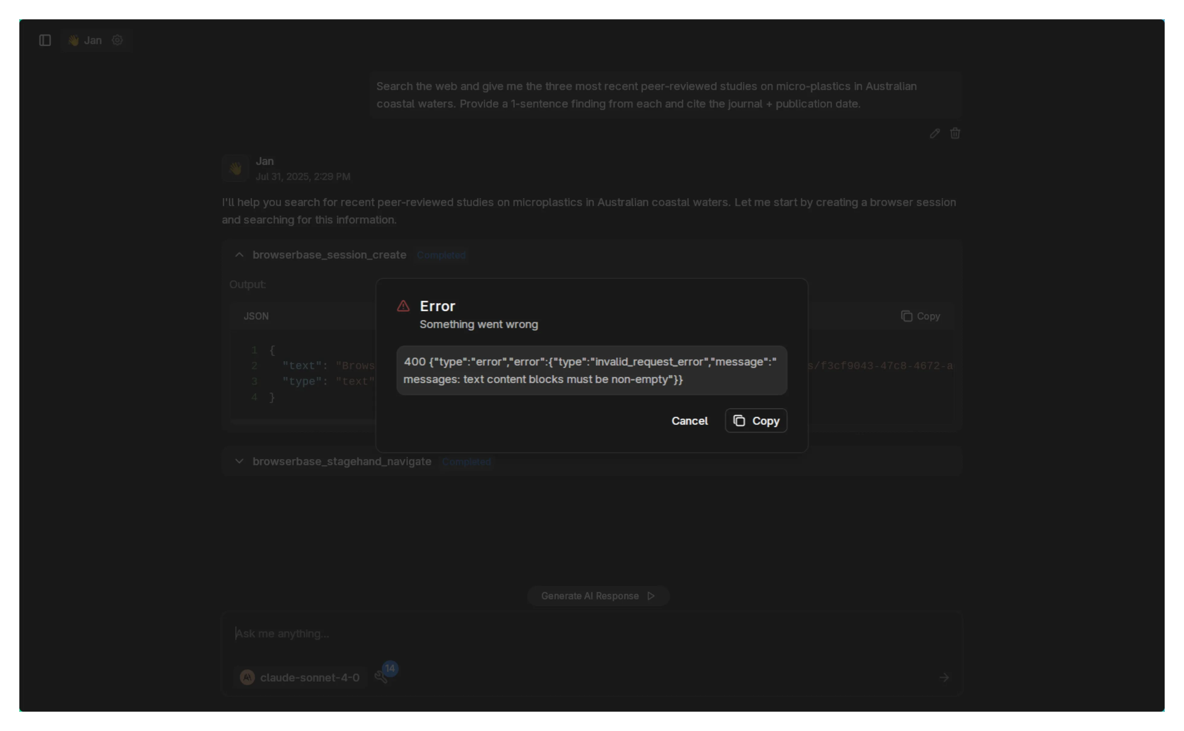 Tool call error showing parsing problem